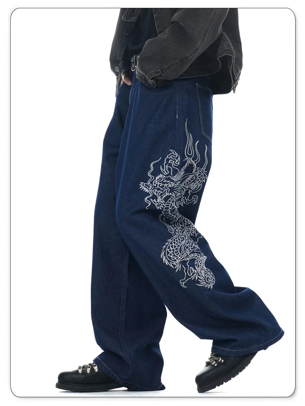 New Men's Blue Baggy Dragon Embroidered Wide Leg Jeans Spring Summer Classic Blue Baggy Washed Denim Pants Unisex Clothing — image 9