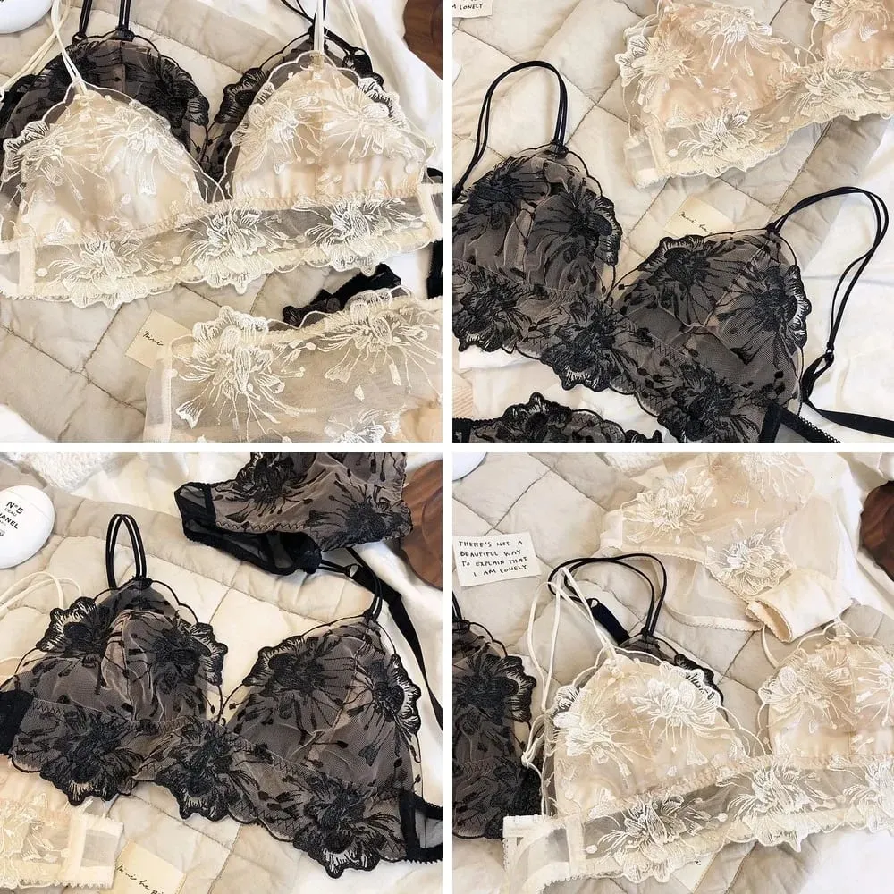 Conjunto de bralette de renda bordada, copo triangular, sutiã sem fio para seios grandes, lingerie ultrafina e respirável — image 2