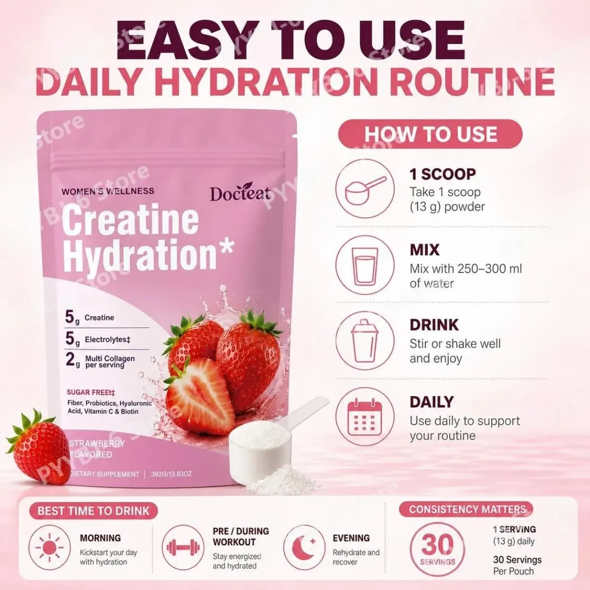 Docteat Creatine Powder Electrolytes Collagen Vitamin C Biotin Sugar Free Strawberry Flavor Women Fitness Wellness 30 Servings — image 6