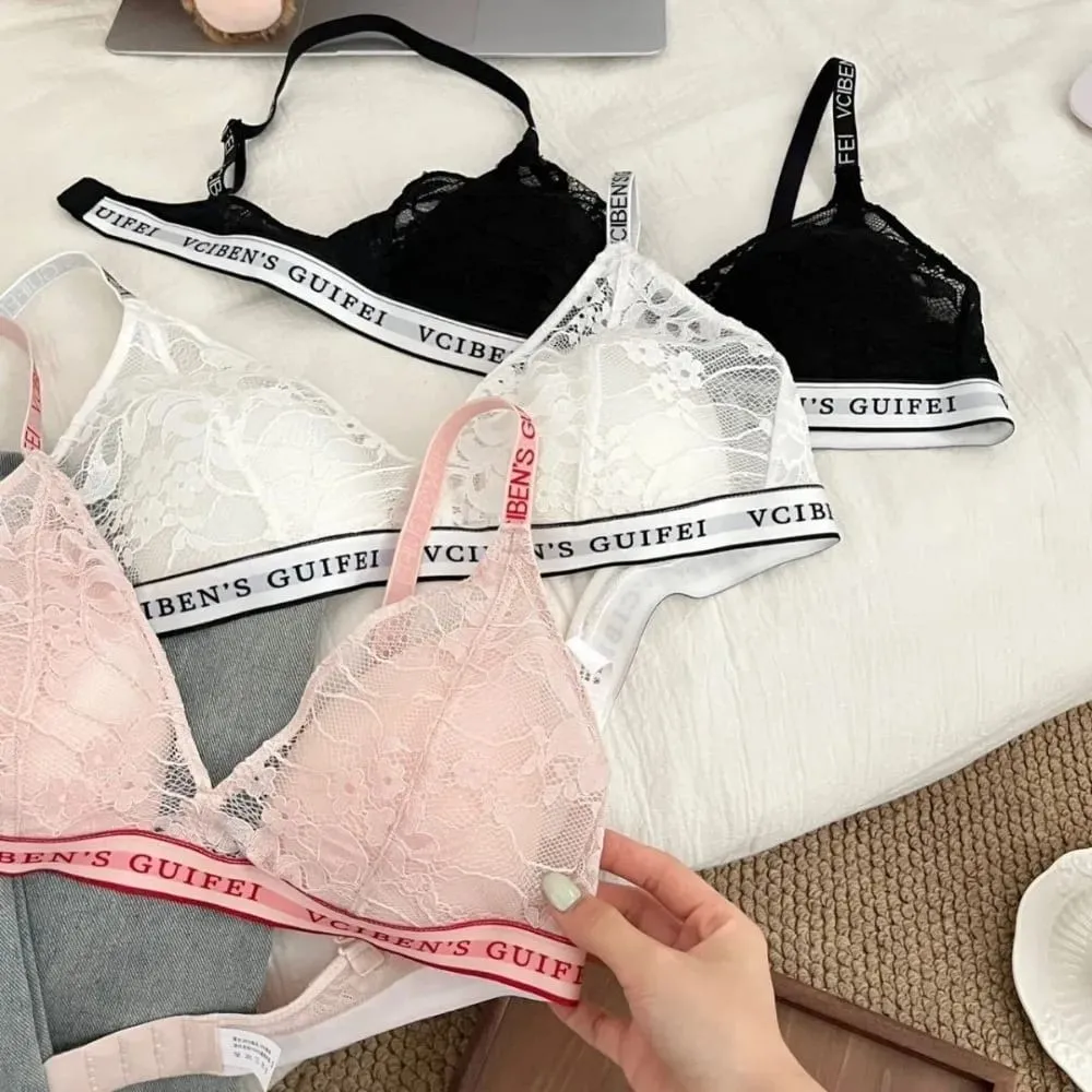 Bra Suit Letter Design Lingerie Set Lace Deep V Women Underwear Suit Color Blocking Wireless Bra Panties Set Gift — image 2