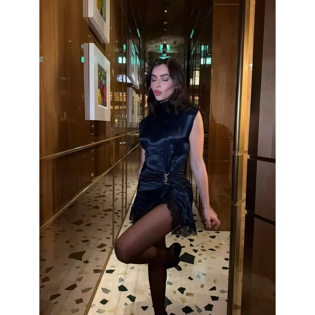 Satin dresses women's clothing fashion back zip hem lace patchwork slit sexy nightclub mini dress chic French Evening — image 5
