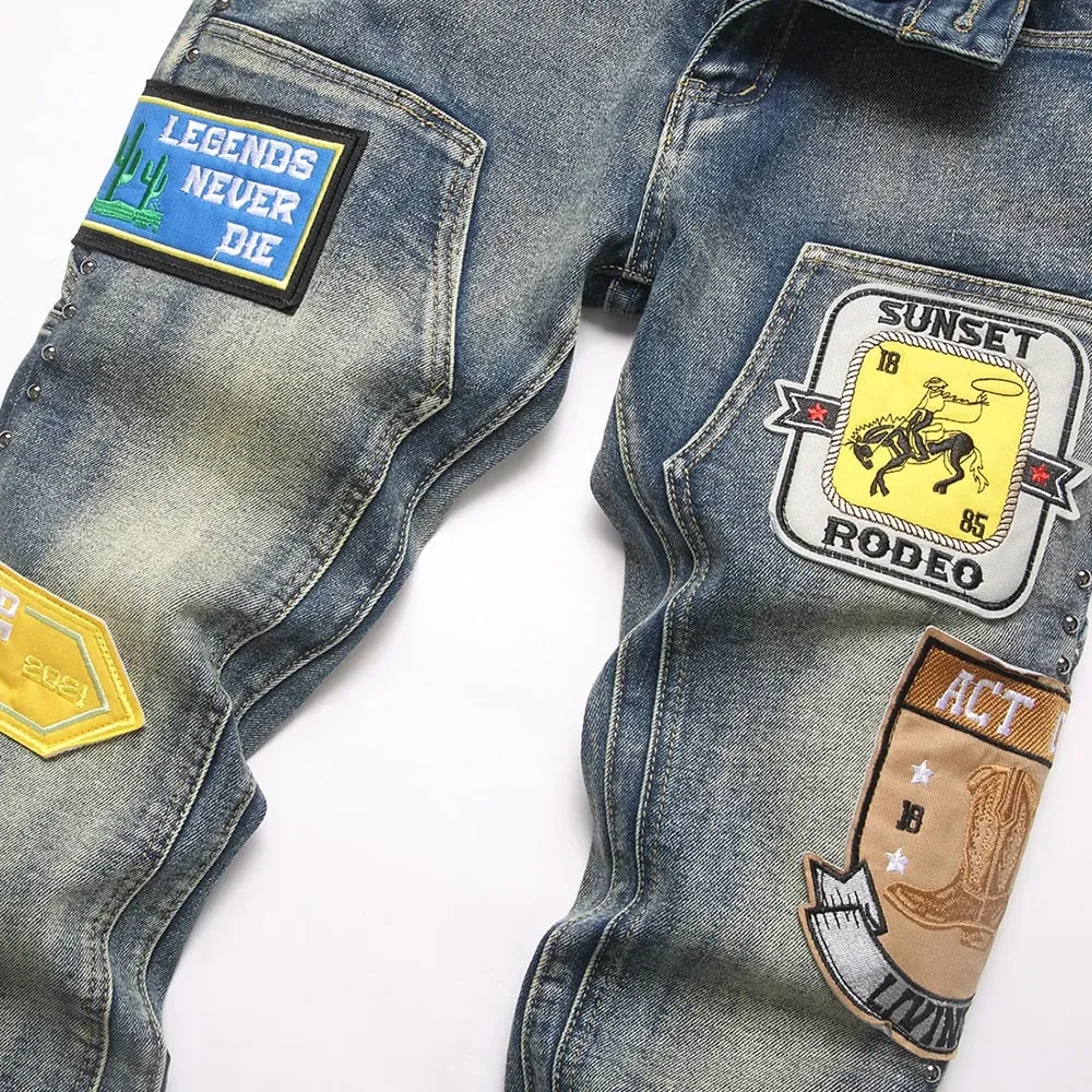 Men's Badge Patch Boot Cut Jeans Rivet Vintage Retro Blue Stretch Denim Pants Streetwear Slim Flared Trousers — image 3