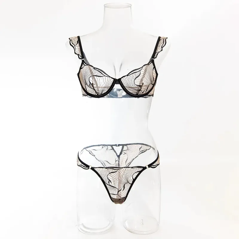 セクシーな Women French Hollow Lace Bra Set Floral Embroidery Ultra Thin Cup Minimizer Brassiere Stretchy Daily Lingerie 32 to 38