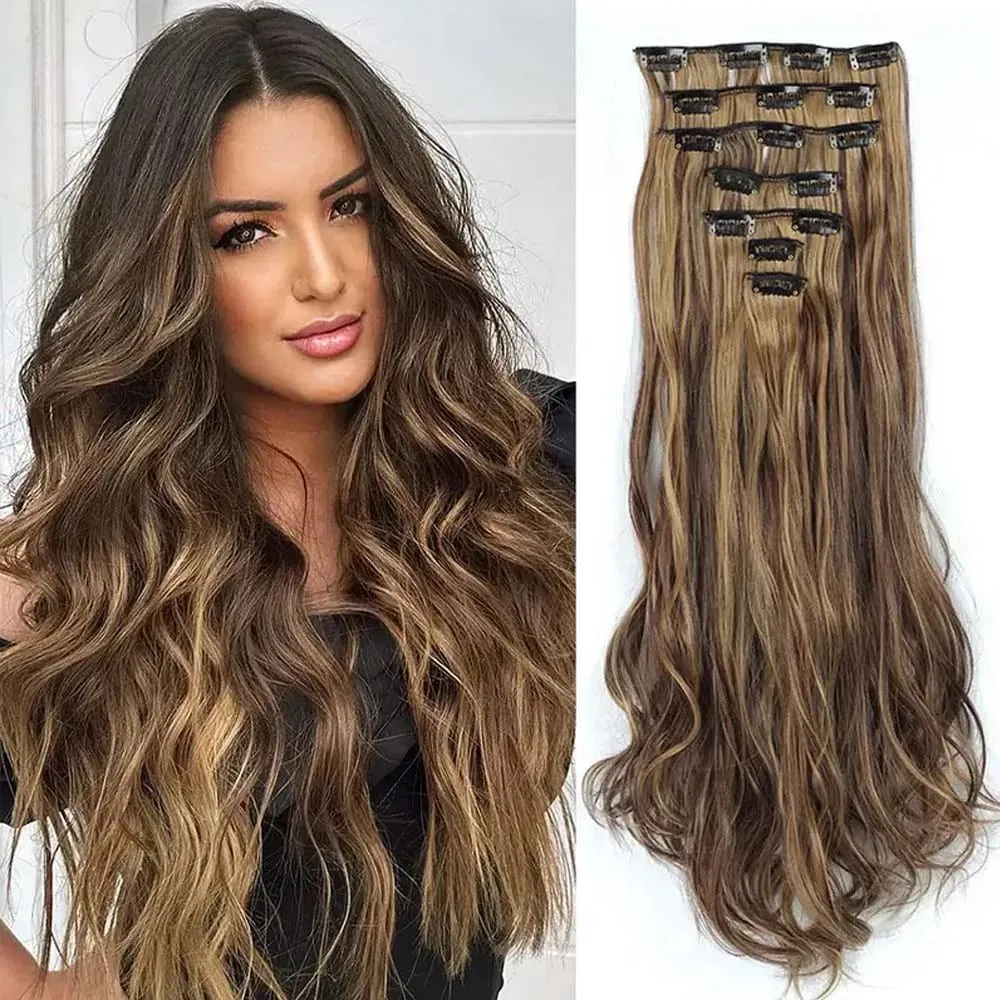 7pcs/set 22inch Elegant Wavy Clip-In Hair for Instant Volume & Everyday Glamour Suitable For All Women Synthetic Extension