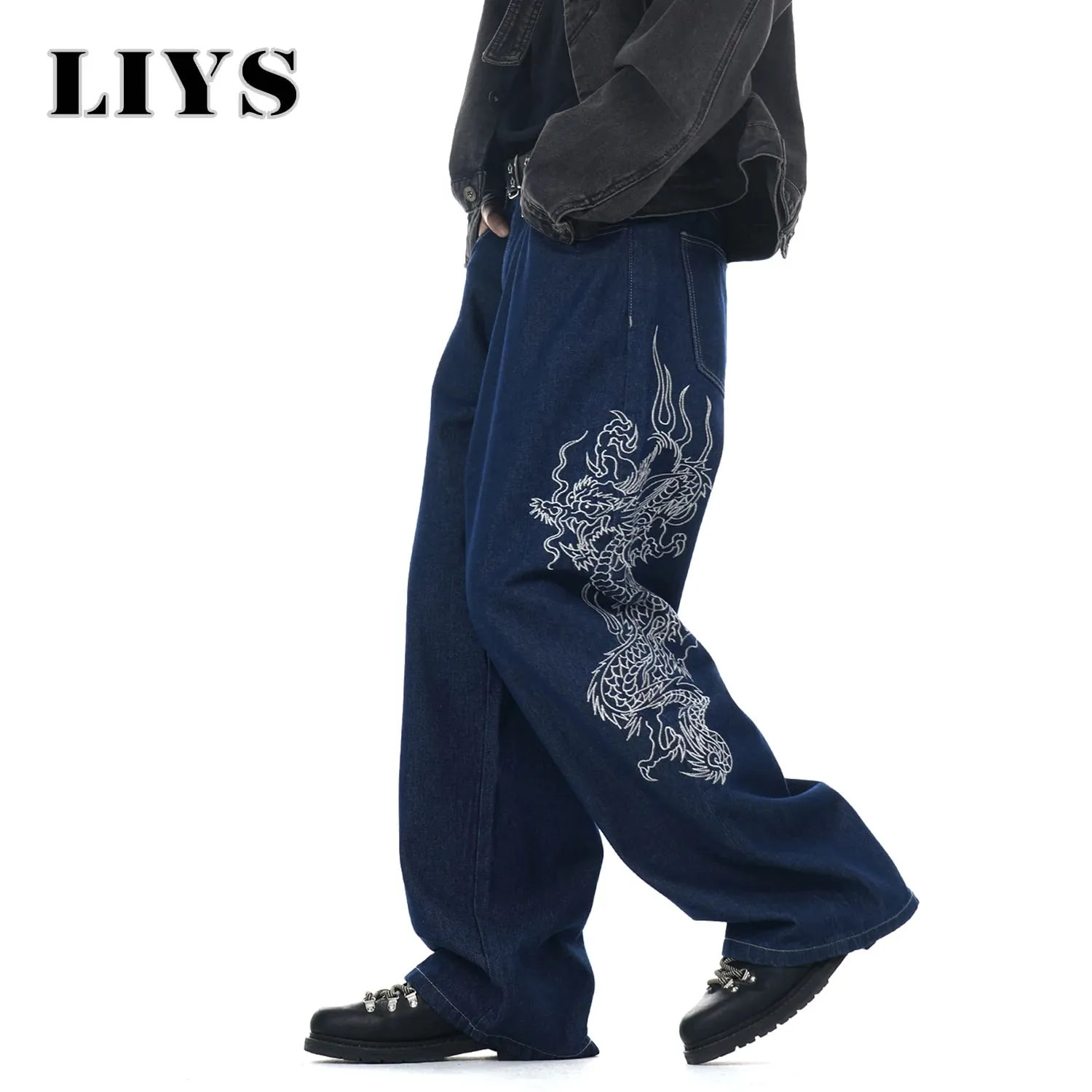 New Men's Blue Baggy Dragon Embroidered Wide Leg Jeans Spring Summer Classic Blue Baggy Washed Denim Pants Unisex Clothing — image 1