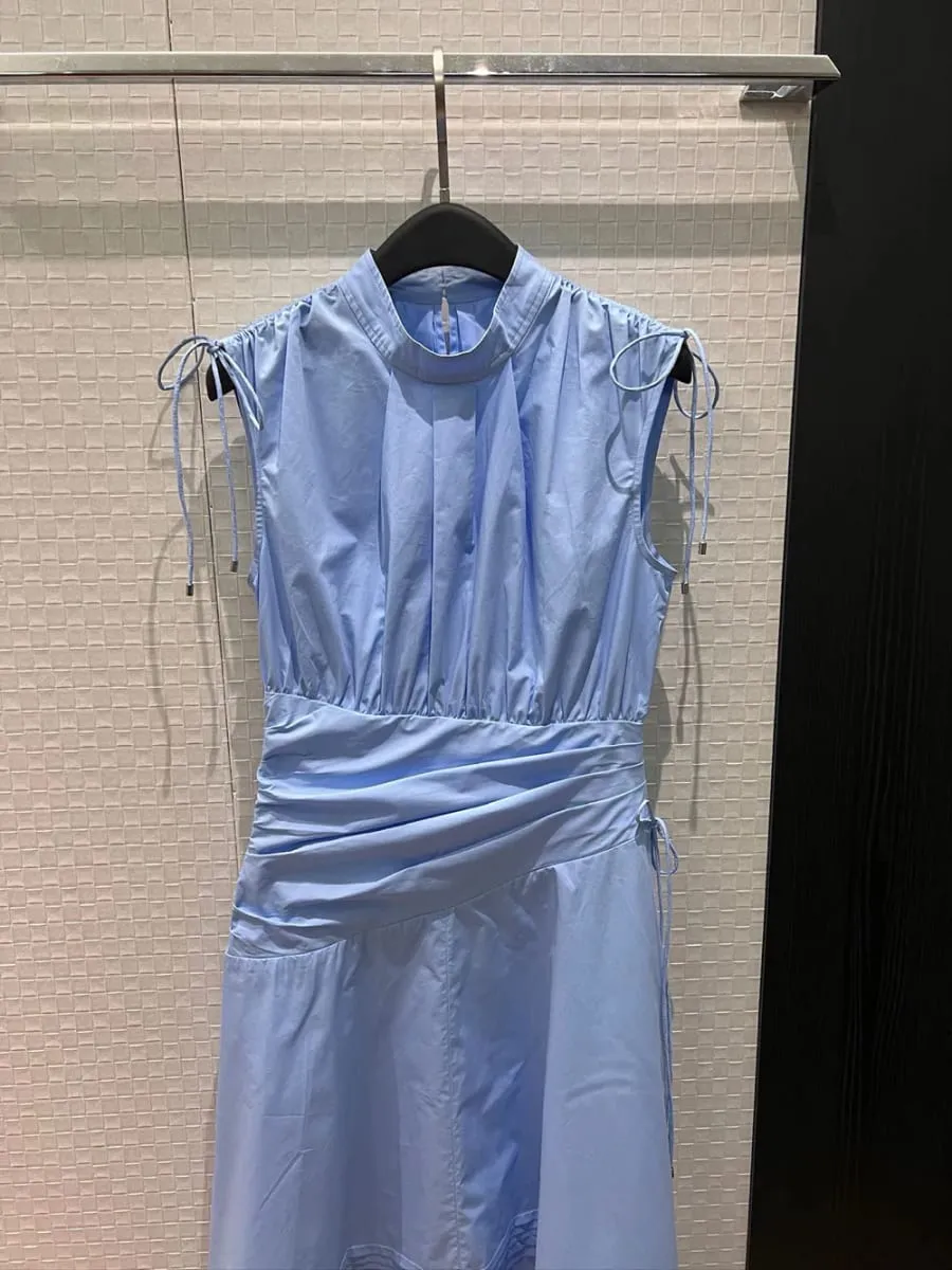 New 2026 spring summer women drawstrings stand collar cotton dresses sleeveless folds irregular dress — image 3