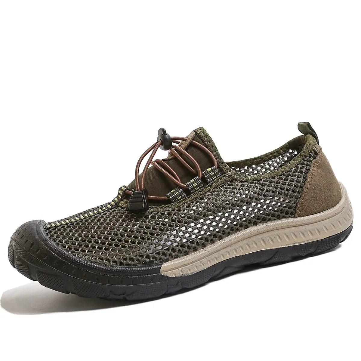 Men's Hollow Mesh Quick Toggle Lace Walking Trainers Striped Stitching Trim Wrapped Thick Rubber Toe Cap Outdoor Casual Shoes — image 9