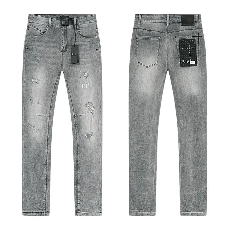 New RTA Destroyed Scratch Hole Light Blue Distressed Jeans Men's High Street Elastic Slim Fit Jeans 2026 Brand Pants Streetwear — image 1