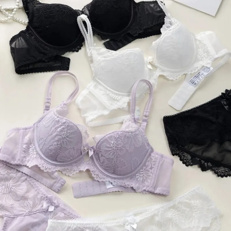 French Thin Cup Women Underwear Set Sexy Lace Flowers Embroidery Bra Summer Violet Comfort Push Up Bra and Panties Lingerie Sets — image 1