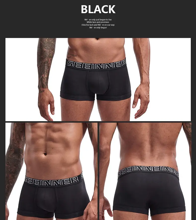 Seeinner Mens Boxer Shorts Cotton U Convex Pouch Pakaian Dalam Lembut Selesa Seluar Dalam Cueca Masculina M-XXL Hitam Putih Kelabu