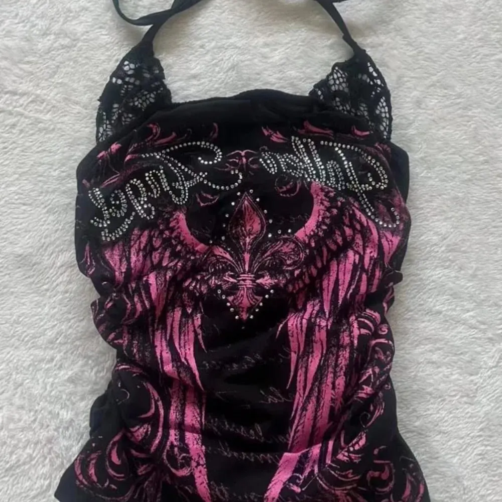 Women Y2K Gothic Angel Wing Rhinestone Halter Cami Top Grunge Dark Alt Fashion Sleeveless Lace Trim Backless Vintage Streetwear — image 5