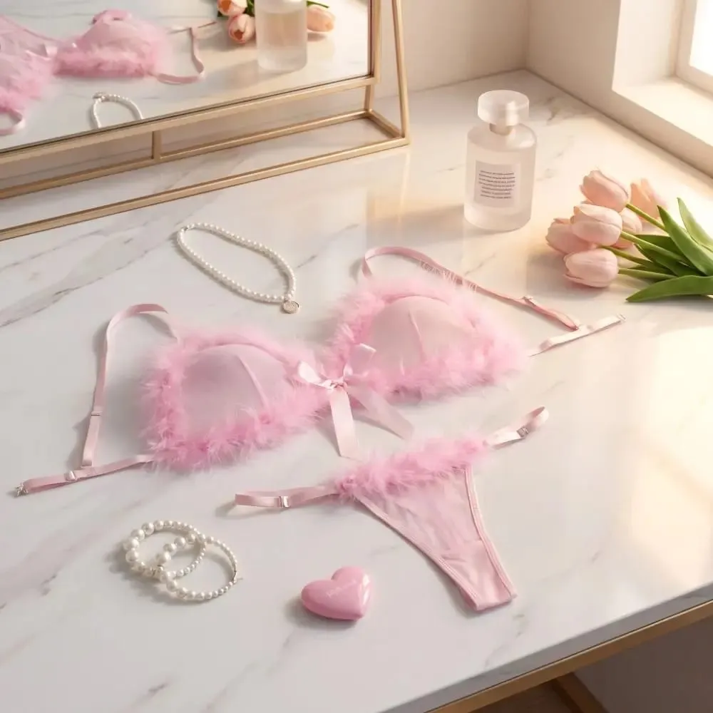 Underclothes Furry Women's Underwear Wireless Mesh Transparent Lingerie Set Romantic Intimate Bow Decor Bra Panties Suit Home — image 5
