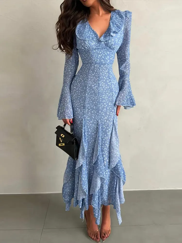 Women Printed V Neck Long Dress Flared Sleeve Lotus Leaf Edge High Waist Slim Fit Maxi Dresses Lady Elegant Evening Party Dress — image 3