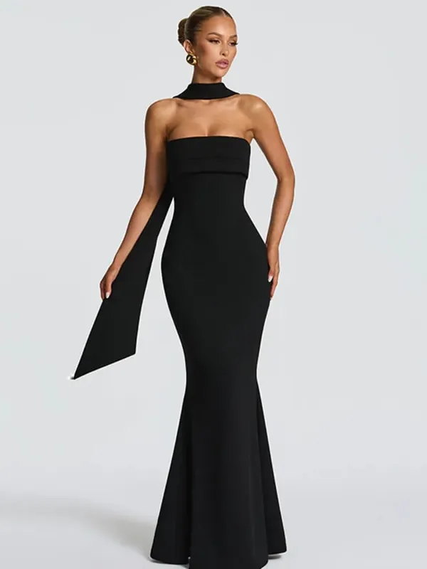 Mozision Off-shoulder Strapless Sexy Maxi Dress Women Gown Scarf Collar Sleeveless Backless Bodycon Club Party Evening Dresses