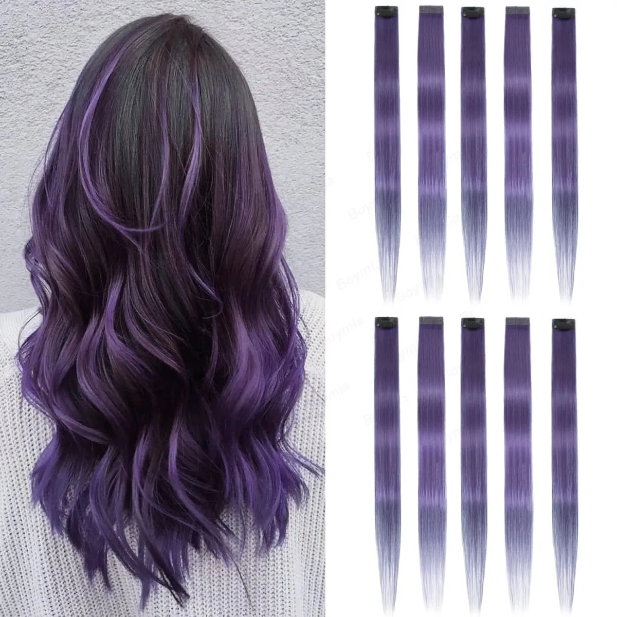6PCS Colored Purple Hair Extensions Clip in Hair Extensions Straight Human Hairpiece for Halloween Christmas Cosplay 16Inches — image 2
