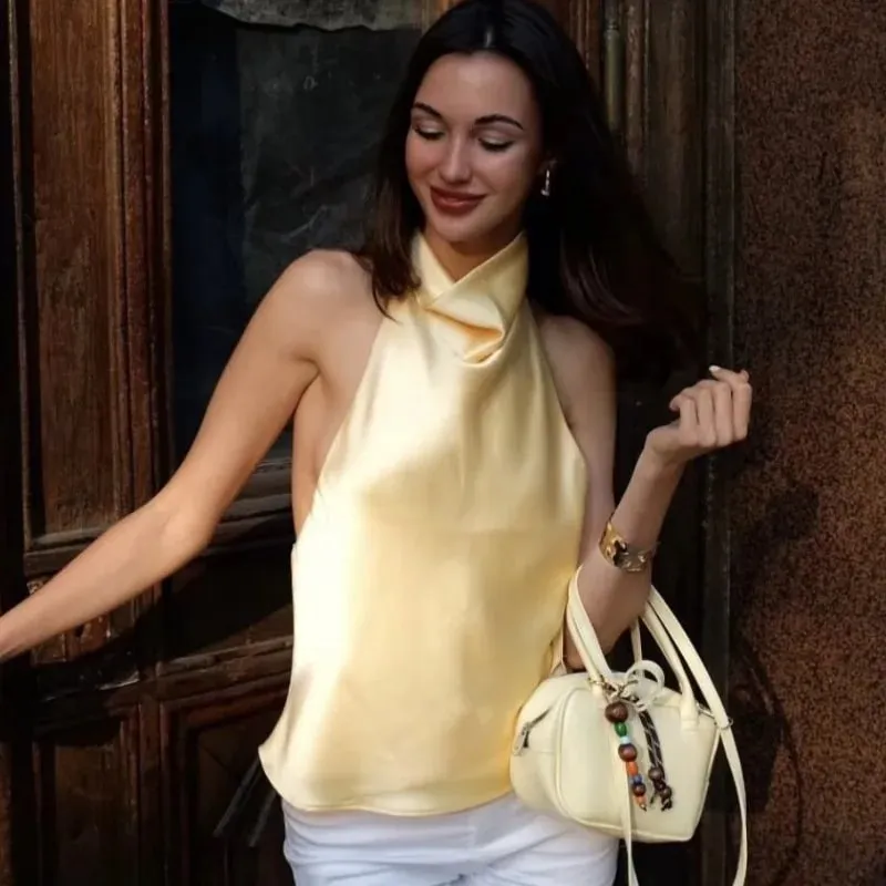 Women's Satin Halter Neck Sleeveless Top Summer Elegant Draped Collar Blouse Smooth Chic Office Party Wear Evening Outings — image 1