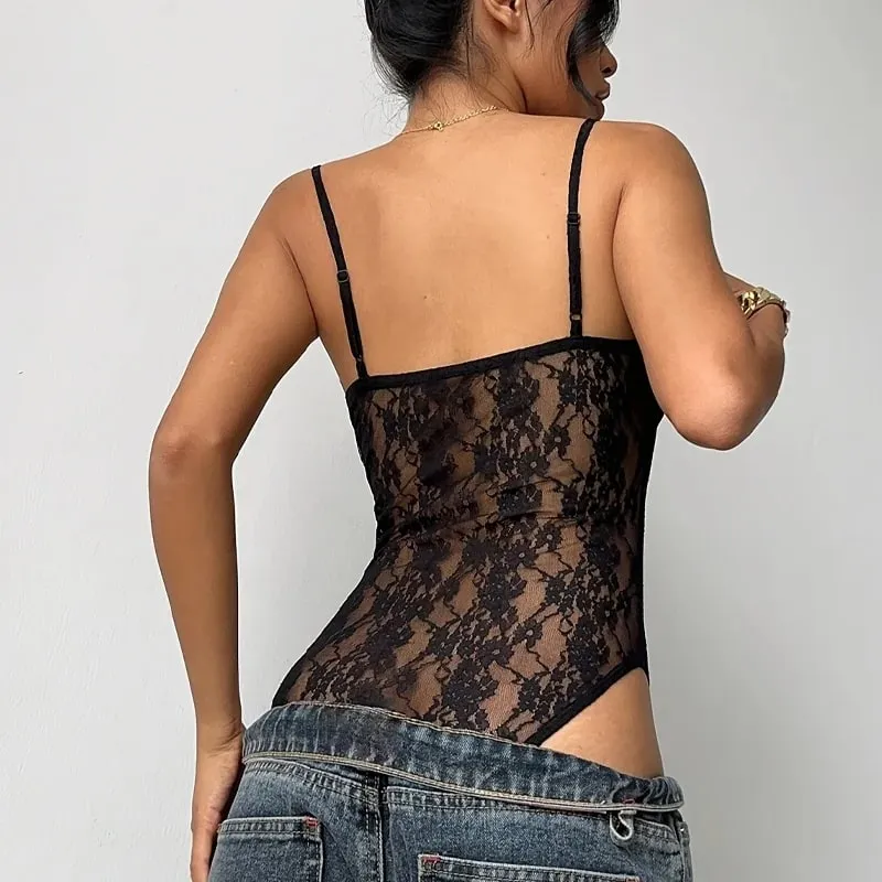 Y2k Women's Black Lace Bodysuit Summer Sheer Spaghetti Strap Bow Detail Slim Fit Party Streetwear Going Out Sexy Bodysuit Tops — image 2