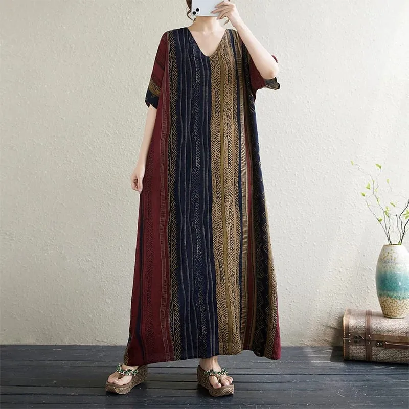 Long V-Ne ort Sve Printed Slimming Cotton Linen Dr Color Blo Casual Loose Fit Summer Faion plus Size Women — image 9