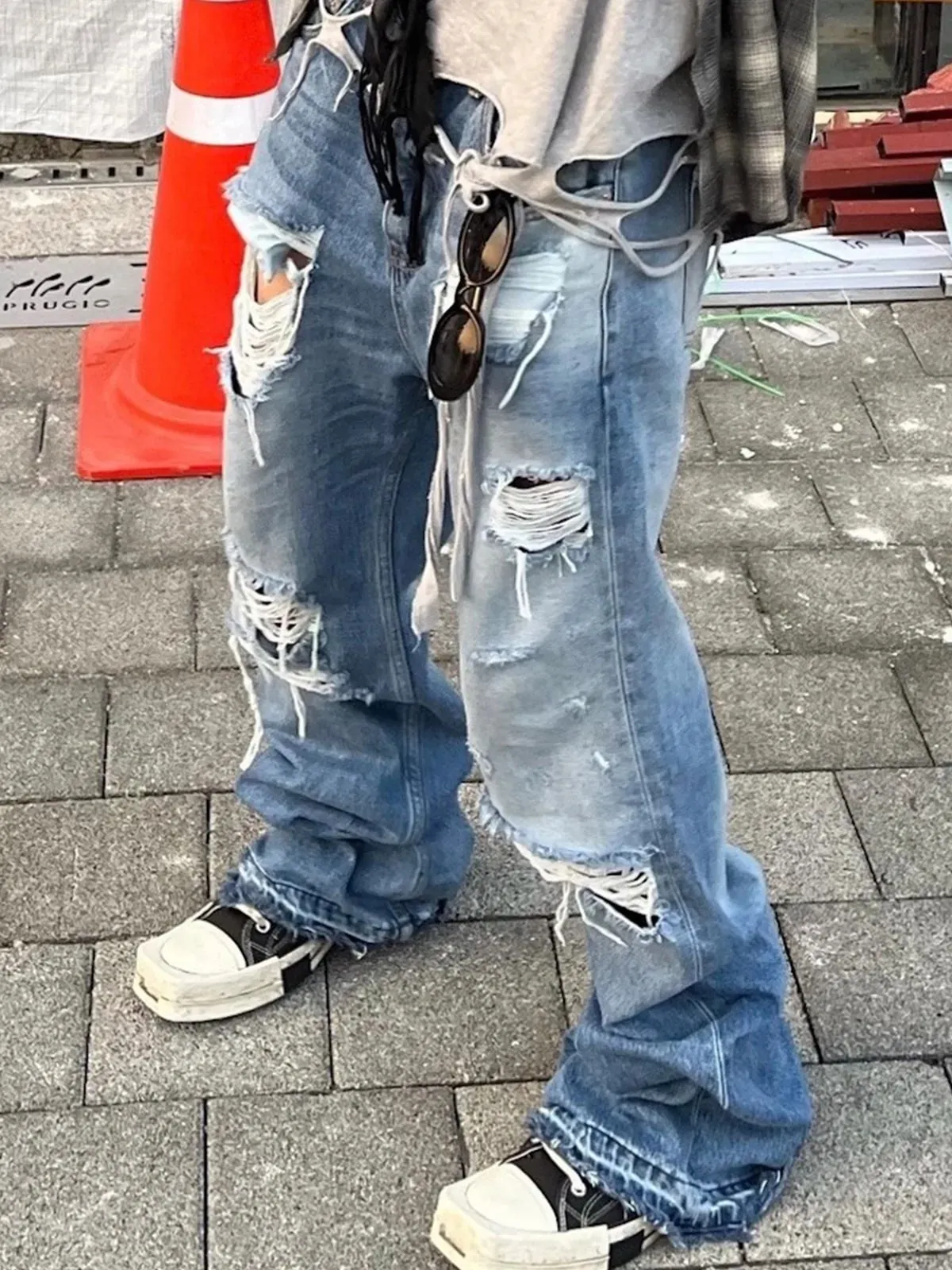 Unisex Wide Leg Flared Jeans Torn Hole Cut with Cat Whisker Fringe Blue for Men And Women ZJ014 — image 6