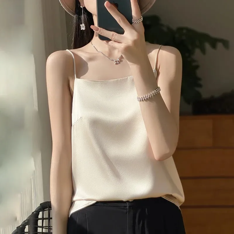 New Ice Silk Sexy Satin Strap Women's Spring/Summer Vest Solid Color Sleeveless Sexy Comfortable Silk Underwear Vest RW-D19 — image 6