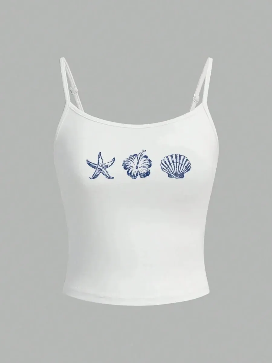 Women Seashell Starfish Print Spaghetti Strap Camisole Summer Casual Y2K Street Style Slim fit Crop Top — image 8