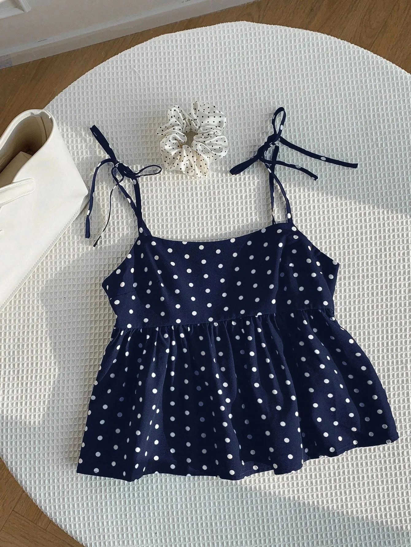 Women's Polka Dot Crop Cami With Spaghetti Straps And Flared Hem Polka Dot Camisole Babydoll Top Babydoll Tops Polkadot Top Cute — image 2