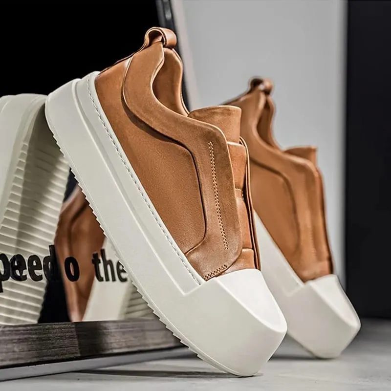 Retro Brown PU Leather Men's Shoes Lightweight Platform Elastic Band Casual Sneakers Fashion Street Walking Shoes High Quality — image 6