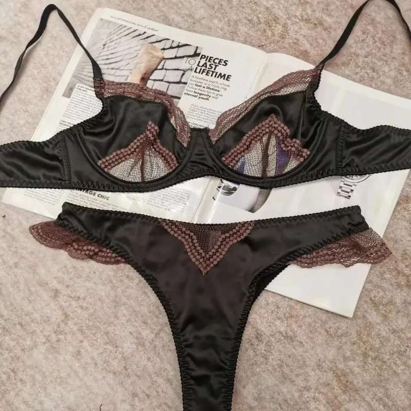 New Trendy Female Satin Lace Soft Underwire Bra Set Unpadded Ultra Thin Slimming Anti-sagging Comfort Daily Wear Underwear Set — image 4