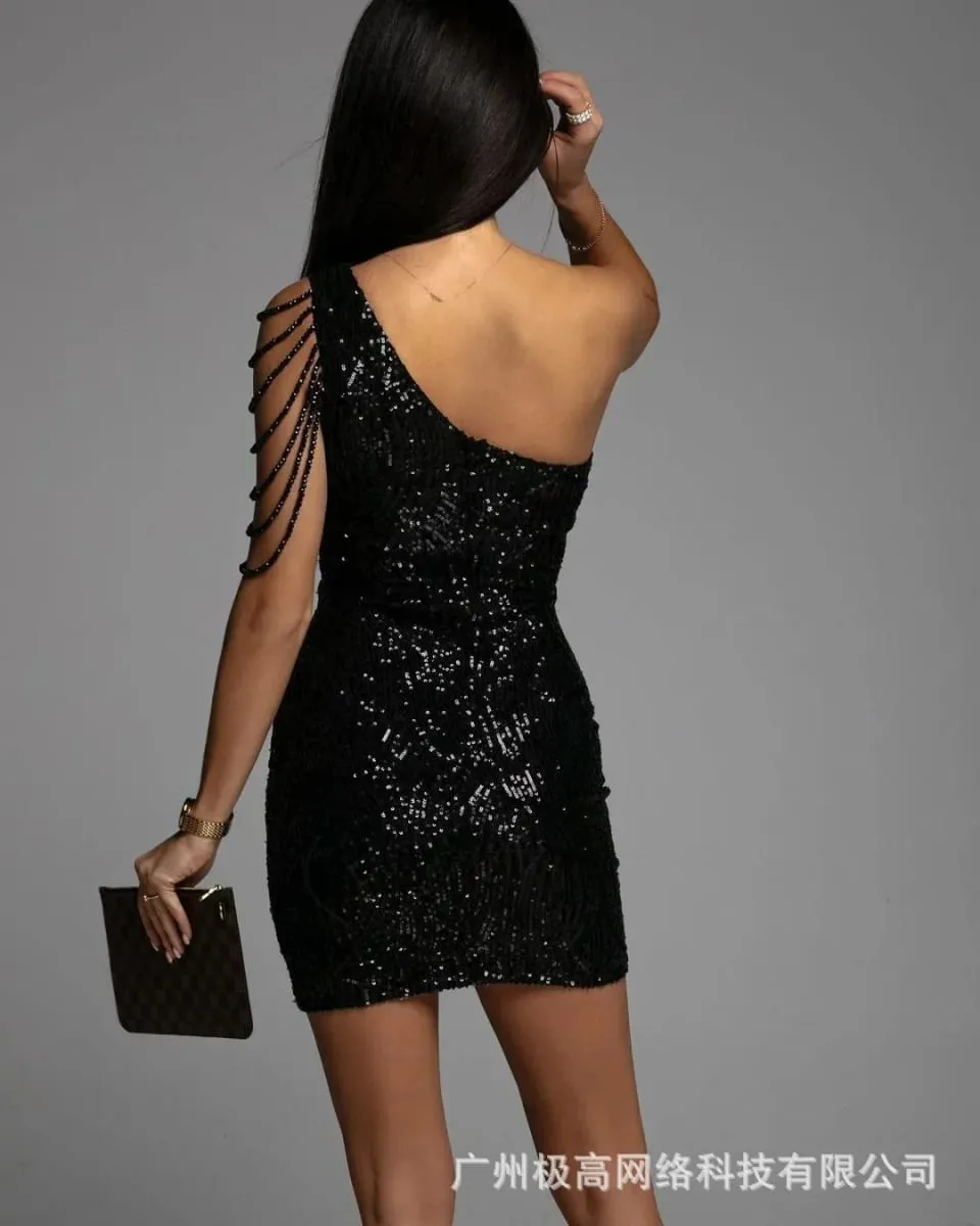 Vestido de fiesta con lentejuelas y un hombro recortado, minivestido de noche de cintura alta sin mangas para mujer, Color sólido con lentejuelas delgadas — image 4