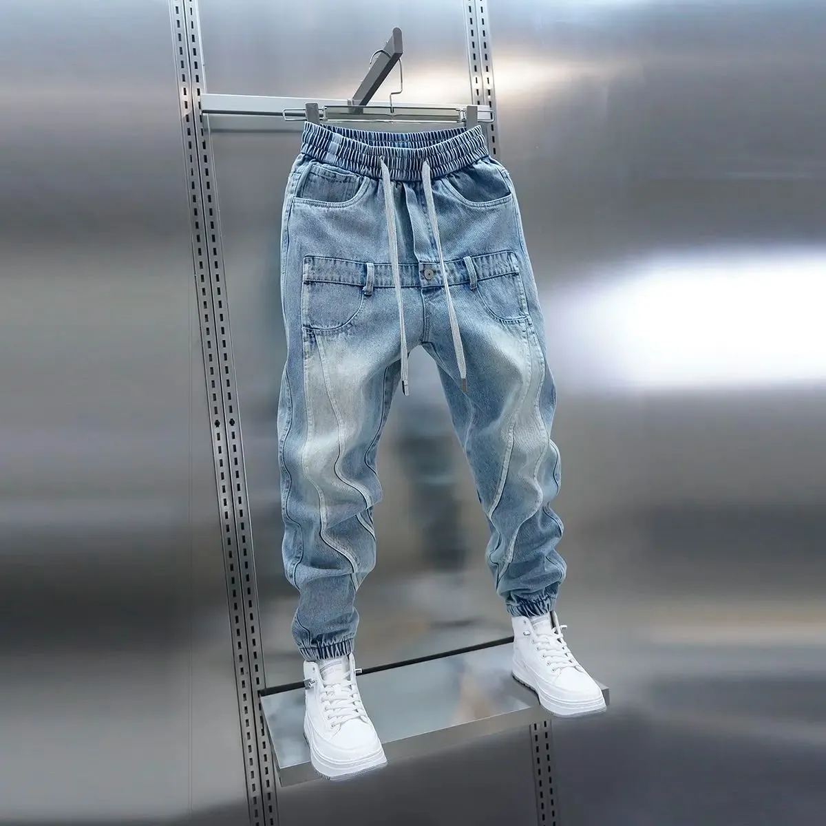 2026 Light Blue Gradient Harem Jeans Outdoor Casual Loose Fit Long Trousers Brand Men's Clothing — image 4