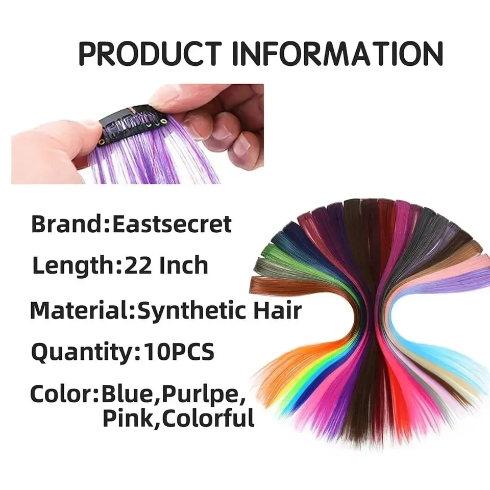 2026 Colored Highlight Hair Extensions 22 Inch Synthetic Rainbow Long Straight Hairpieces Purple Pink Blue for Women Girls Kids — image 7
