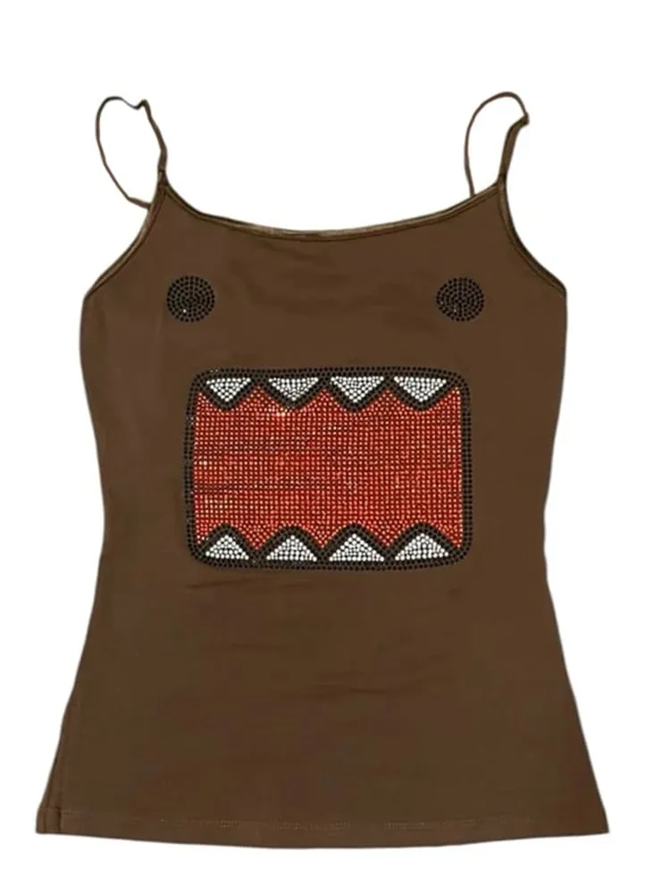 2000s Y2K Harajuku style retro rhinestone cartoon vest for women's summer casual slim fit short crop top with exposed navel