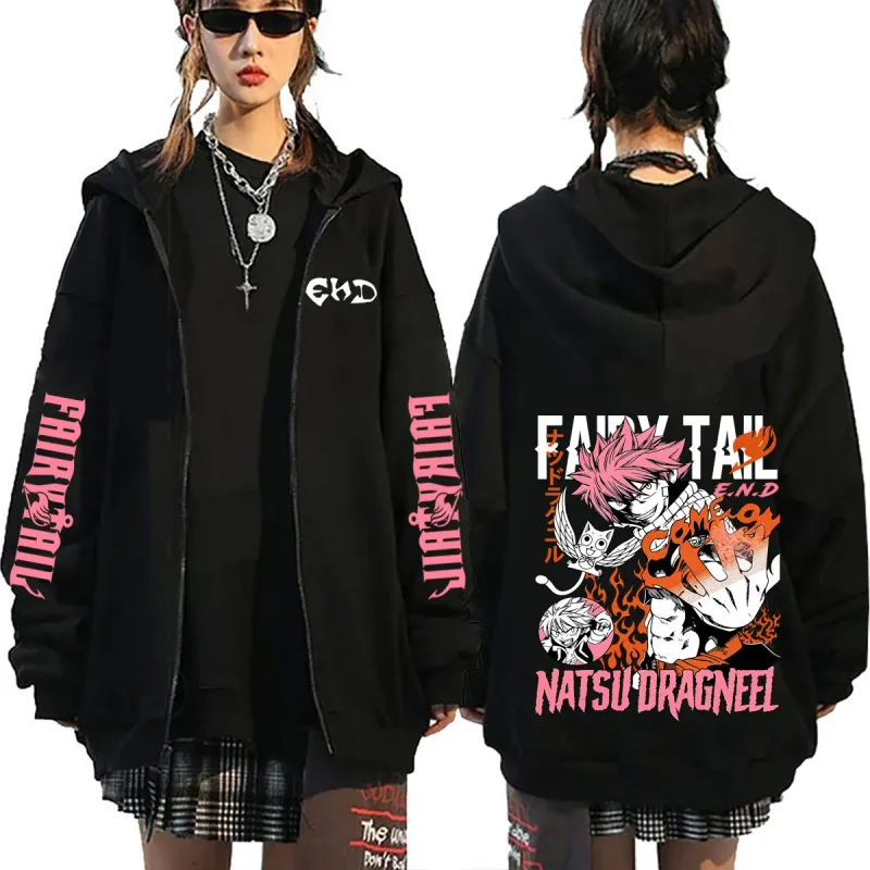 Anime Fairy Tail Zipper Hoodie Manga Natsu Dragneel Graphic Print Zip Up Jacket Coat Men Women Fashion Casual Oversized Hoodies — image 1