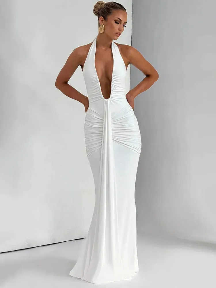 Mozision Deep V Leher Dibungkus Gaun Maxi Seksi Ruched Wanita Musim Panas Fesyen Halter Tanpa Lengan Belakang Terbuka Pesta Kelab Gaun Elegan — image 6