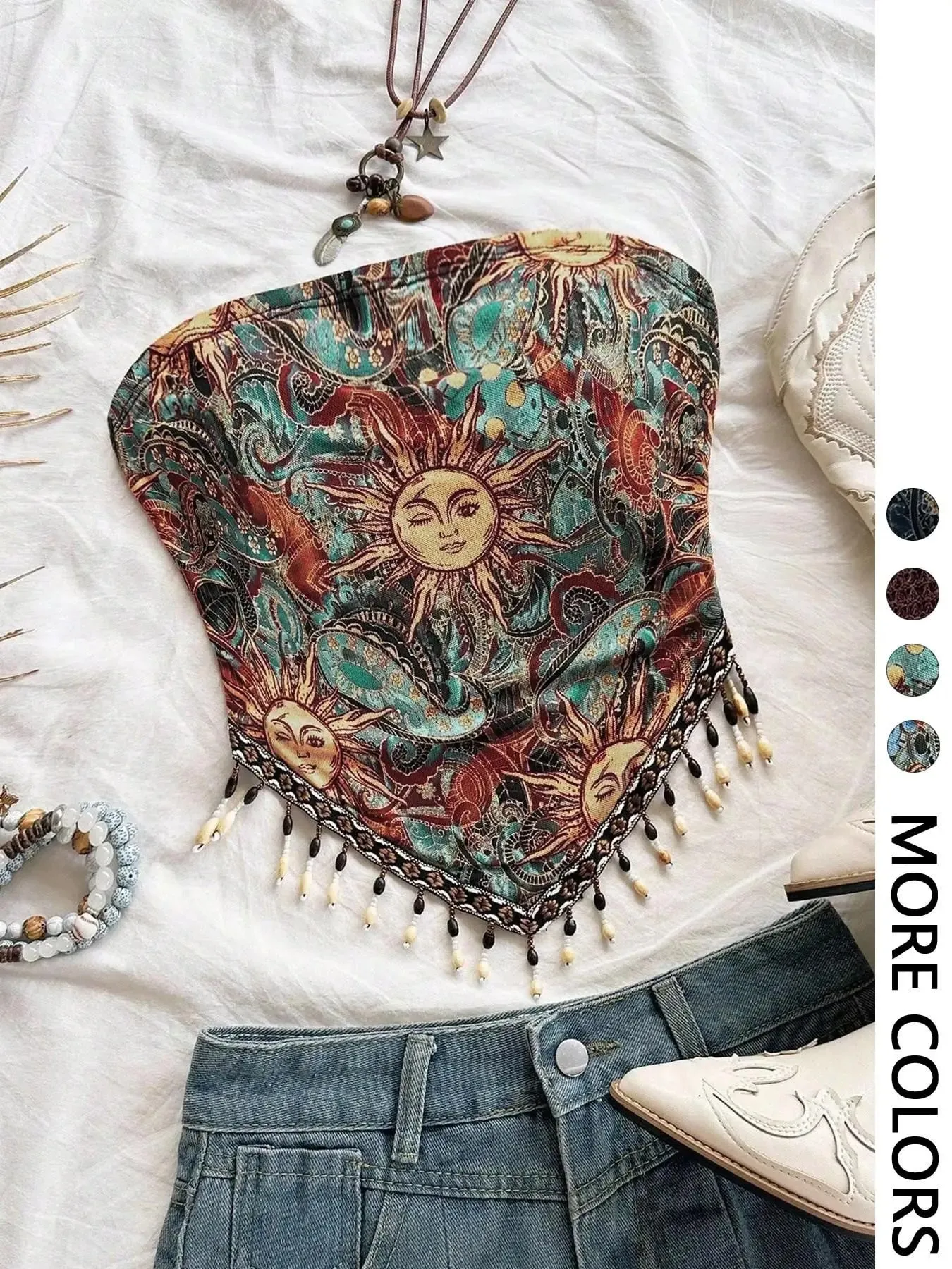 Ladies' 1pc Printed Mesh Knitted Tube Top with Triangular Hem And Beaded Fringe Trimmings — image 2