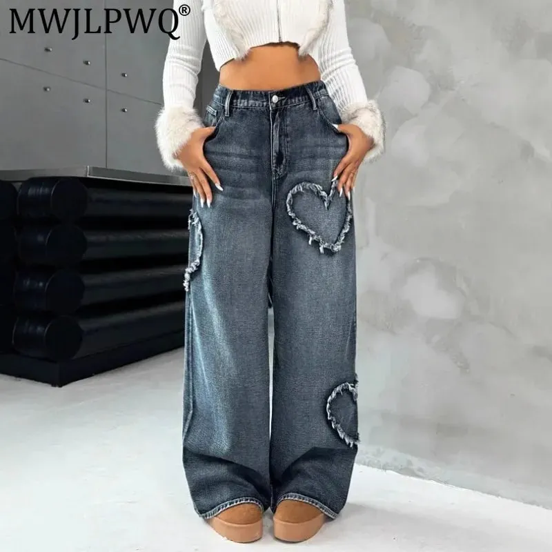 American Retro Frayed Edge Patchwork Heavy Washed Denim Jeans Unisex Street Loose Straight Wide-Leg Trousers 21095 — image 2