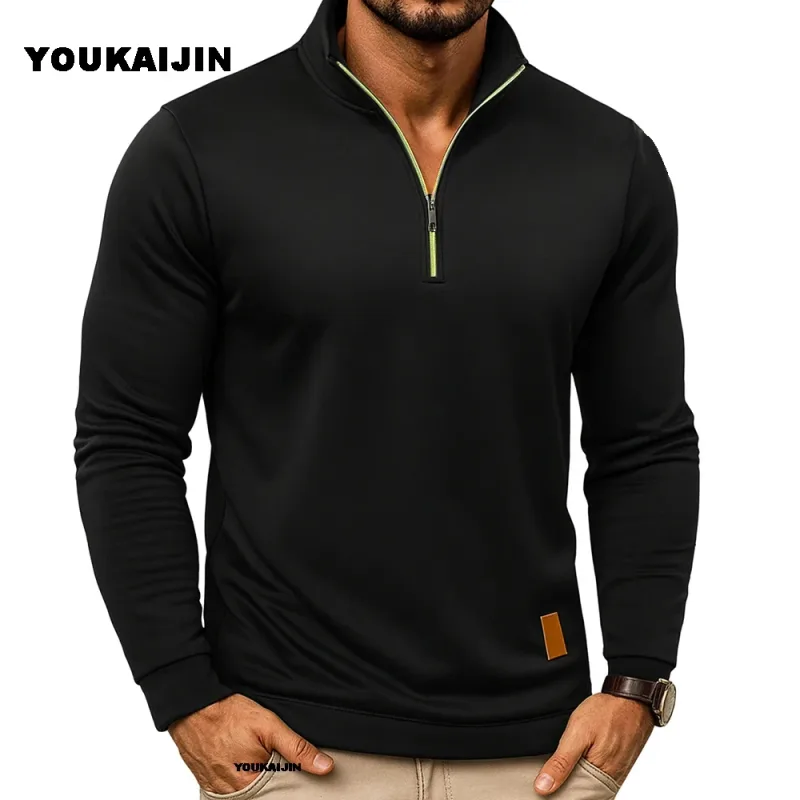 Men Sweatshirts Spring Thicker Pullover Quarter Zipper Pullover for Male Hoody Outdoor Sweatshir Autumn Solid Color Turtleneck — image 1