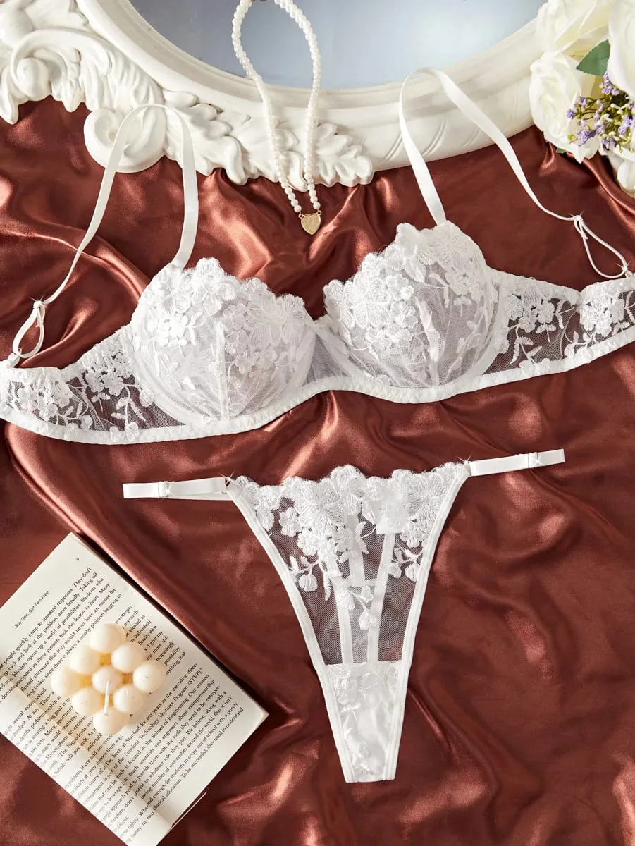 French White Embroidered Lace Underwear Set Elegant Feminine Design Bra And Panties Combo for Women