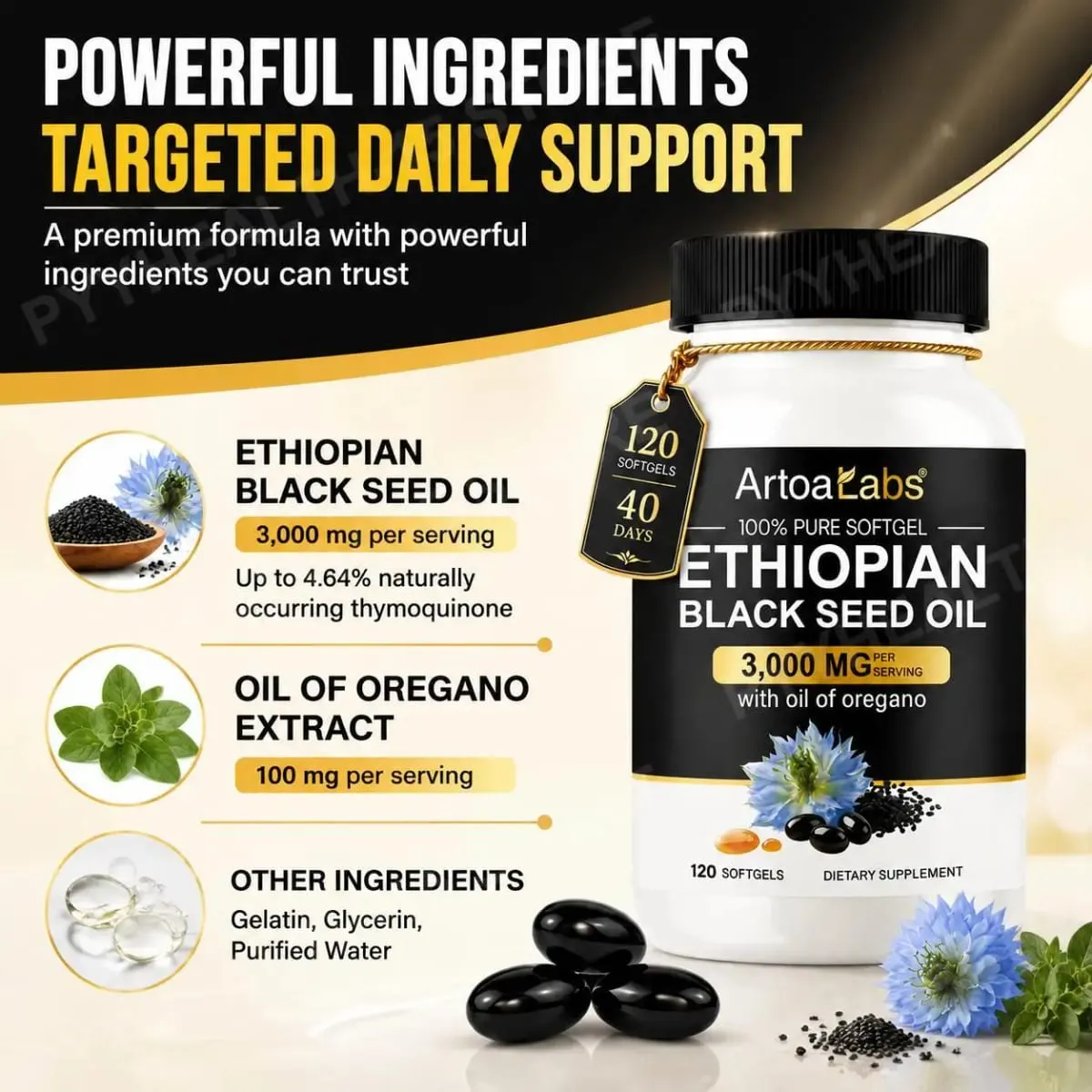 Ethiopian Black Seed Oil Softgels 3000mg with 100mg Oregano Extract for Immune Digestive and Daily Vitality Support 120 Count — image 4