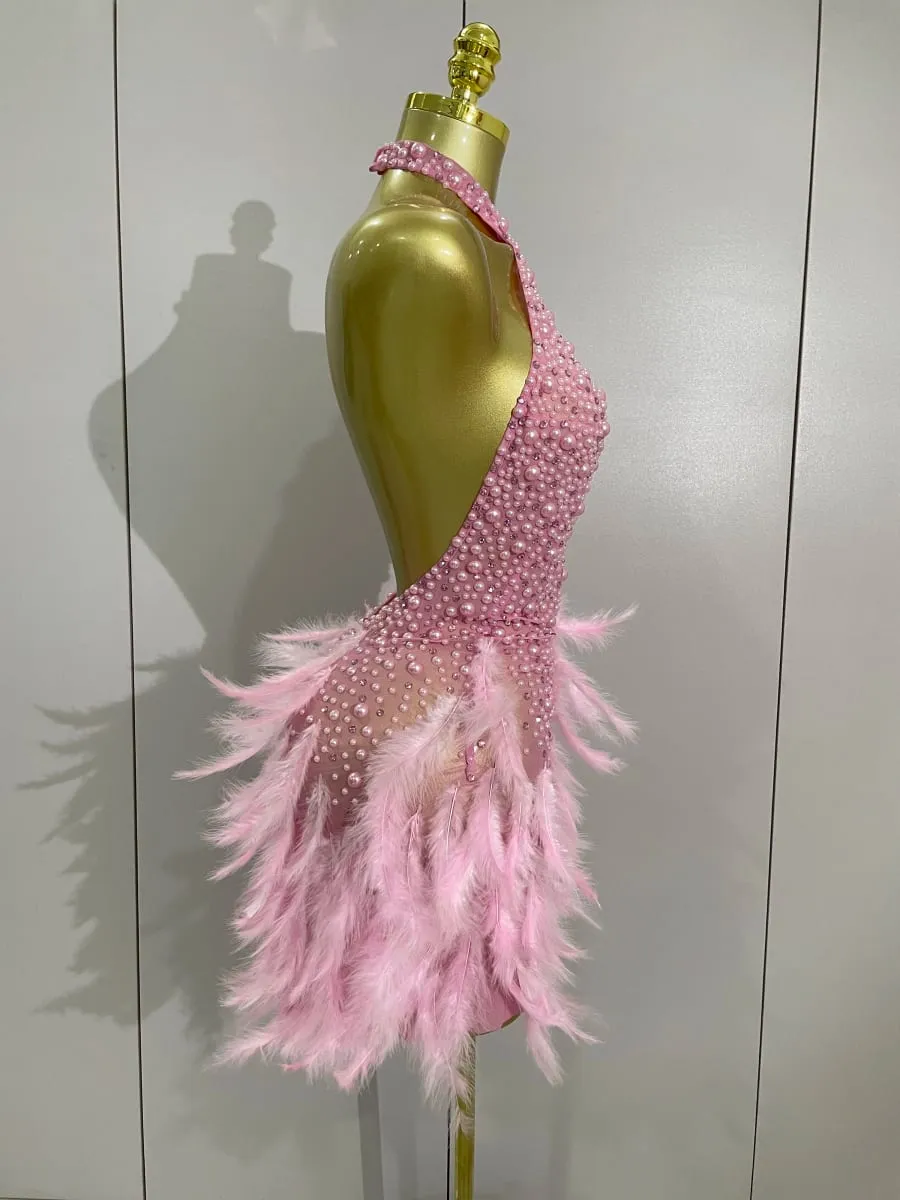 Women Luxury Rhinestones Pearls Feathers Halter Backless Short Dress Women Sexy Celebrate Birthday Dress Nightclub Stage Costume — image 4
