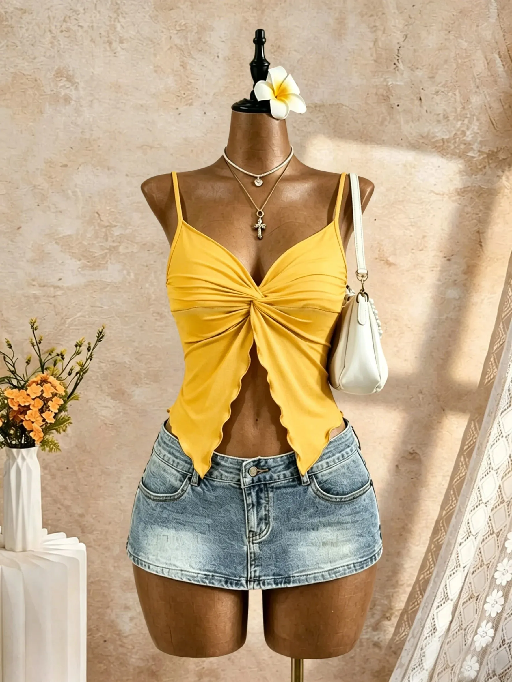Women Spaghetti Strap V Neck Twist Front Cut Out Ruffle Irregular Hem Slim Fit Crop Cami Top 2026 Summer Y2K Solid White Sleevel — image 8