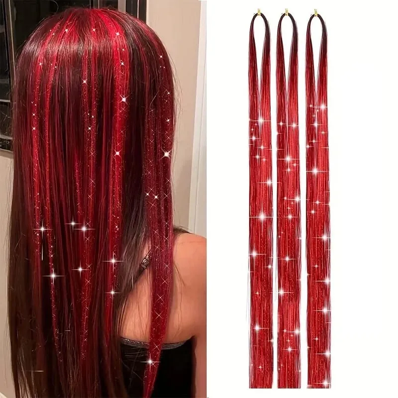 90cm Synthetic 3pcs/set Rainbow Colored Shiny Hair Laser Tinsel Long Straight Heat-Resistant Fairy Hair Extensions Party Daily — image 8