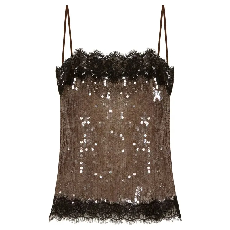 Women's Lace Trim Sequin Tank Top Spaghetti Straps Sparkly Cami Top Scallop Hem Rave Outfits — image 1