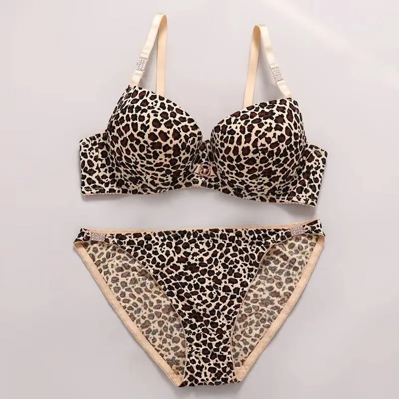 Sexy Thick Lingerie Set Leopard Print Upper Thin Lower Thick Bra Set Sexy Push-Up Bra Set