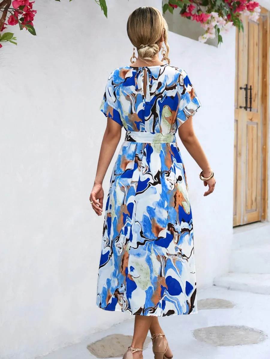 Women Long printed Dress with sashes Fashion Slim Chiffon O-neck A-line Loose Dress Elegant female holidays beach dresses — image 4