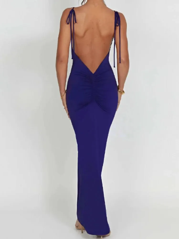 Elegante abito lungo slim senza schienale con apertura profonda sul retro Abito lungo da donna con cinturino per spaghetti senza maniche aderente Abito lungo sexy da club — image 6