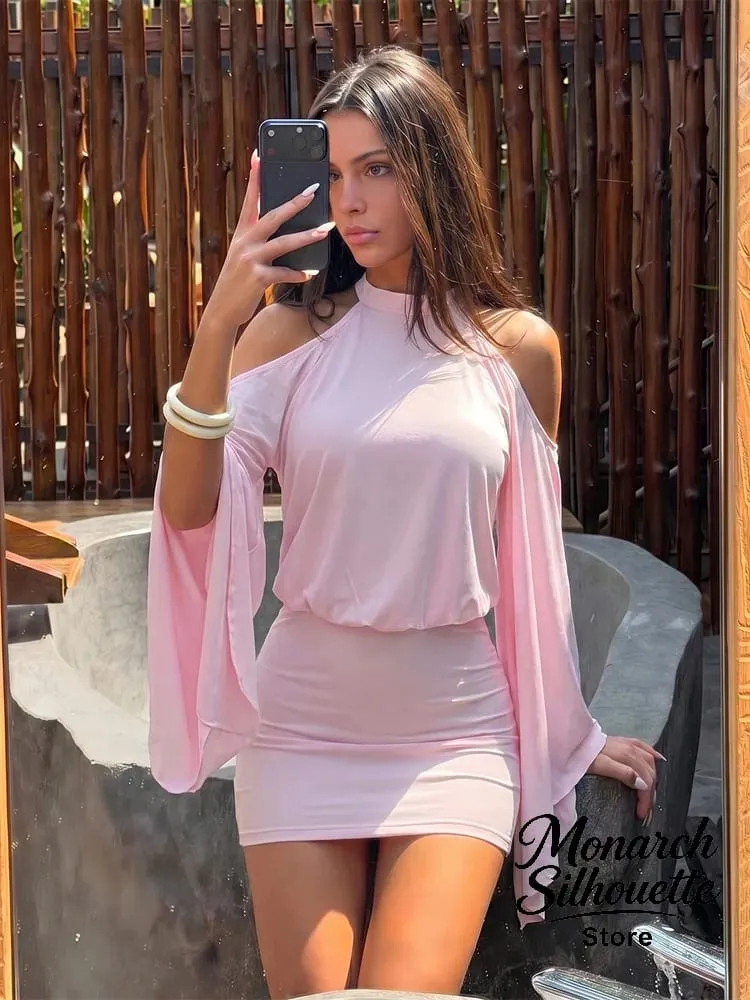 Backless Batwing Sleeves Short Dress Sexy Women Solid Off Shoulder Hip Hugging Pleated Dresses 2026 Spring Lady Party Vestidos — image 1