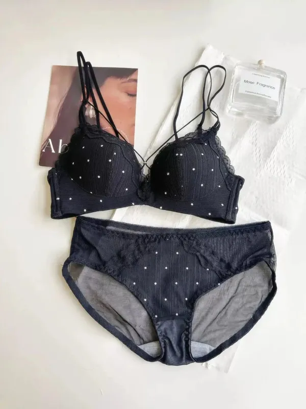 Elegant Japanese Polka Dot Bra & Brief Set Push Up Plunge Small Bust Lift Support Anti Sag Side Coverage Adjustable Comfort