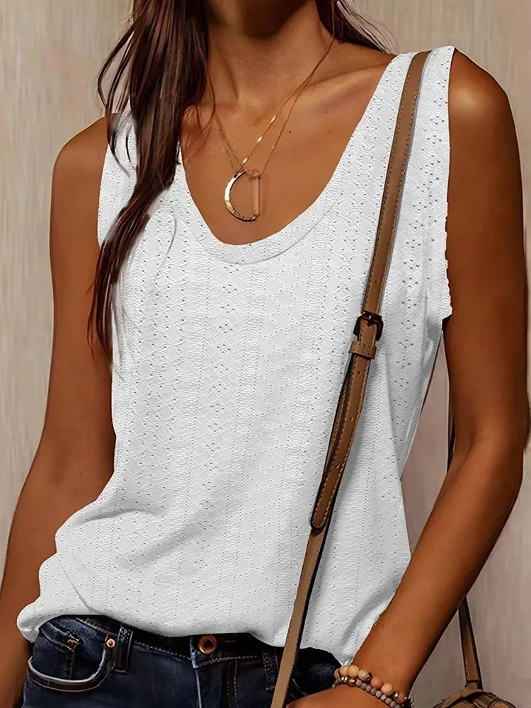 Women's Tank Top Spring Summer White V Neck Sleeveless Perforated Texture Relaxed Fresh Elegant Daily Casual Top — image 1