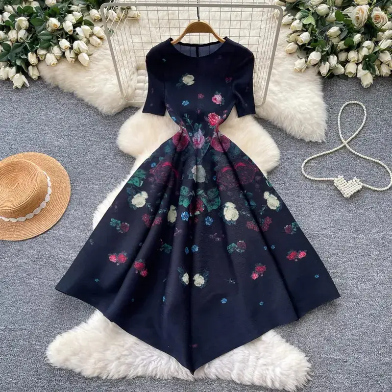 Miyake Pleated Geometric Print A-Line Dresses European New Short Sleeve Simple Elegant Commuter Plus Size Stretch Women's Dress — image 8